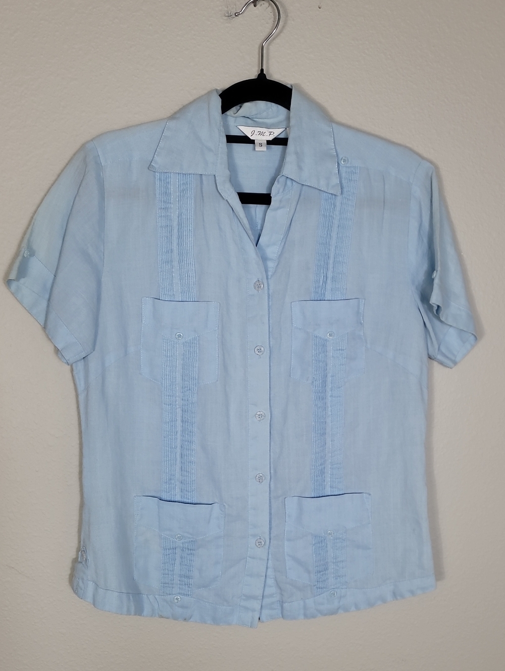 Vintage JMP Linen Button Up Shirt Size Small Baby Blue Pintuck Pleats Coastal